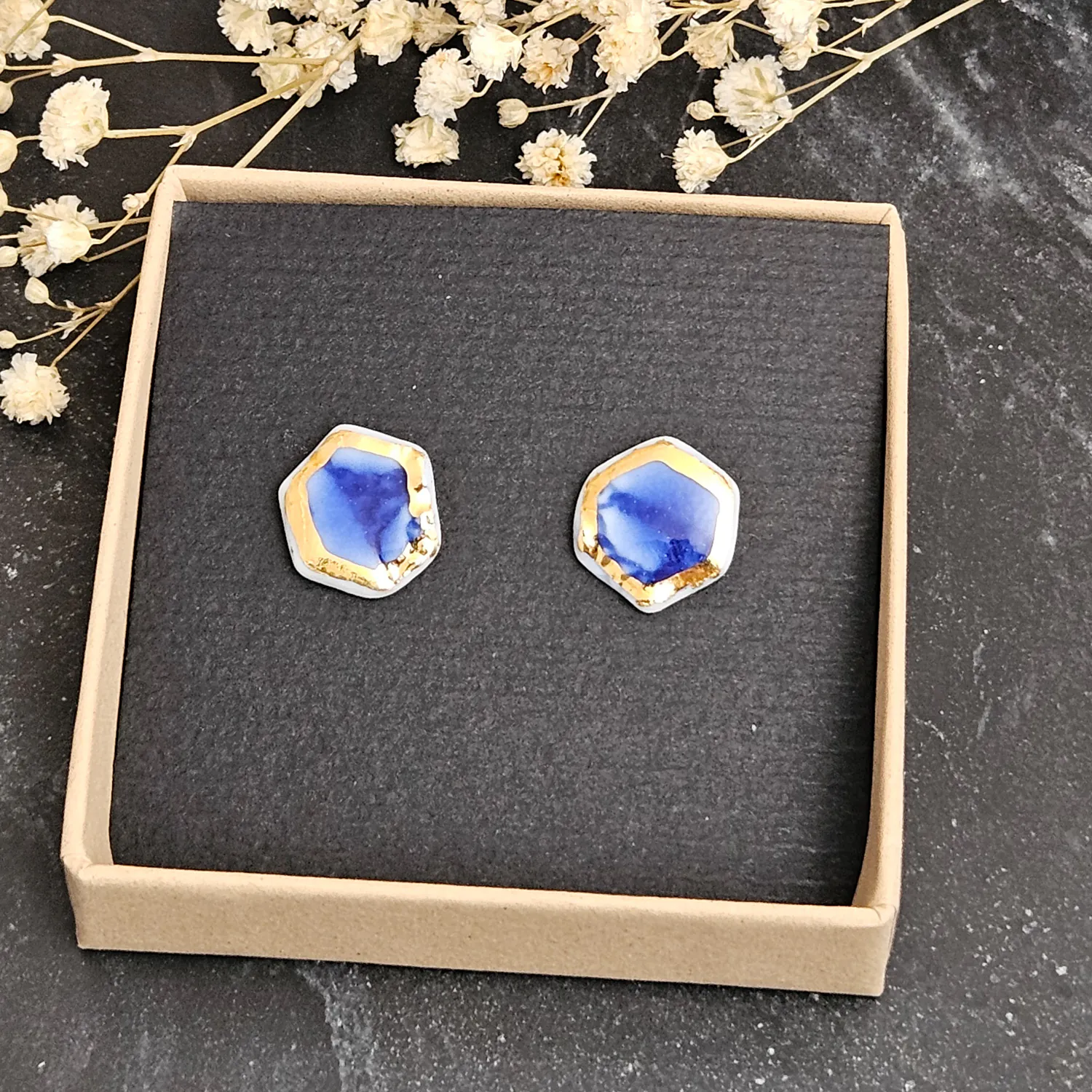 Cobalt blue fine ceramic porcelain hypoallergenic stud designer earrings for sensitive ears with 22k gold plating - embossed crocheted pattern - Image 4