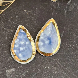 Cobalt blue fine ceramic porcelain hypoallergenic stud designer earrings for sensitive ears with 22k gold plating - embossed crocheted pattern