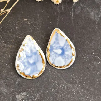 Cobalt blue fine ceramic porcelain hypoallergenic stud designer earrings for sensitive ears with 22k gold plating - embossed crocheted pattern