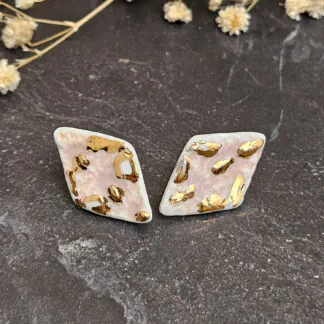 Rose pink fine ceramic porcelain hypoallergenic stud designer earrings for sensitive ears with 22k gold plating - embossed crocheted pattern