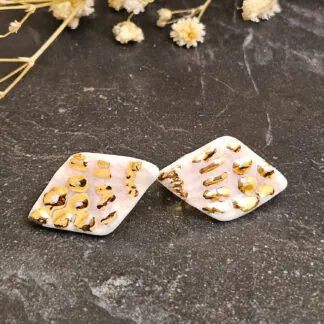 Rose pink fine ceramic porcelain hypoallergenic stud designer earrings for sensitive ears with 22k gold plating - embossed crocheted pattern