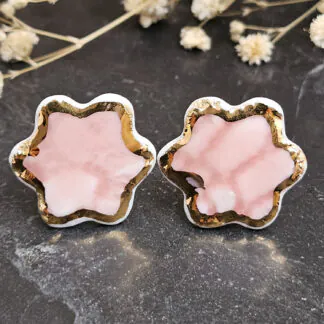 Rose pink fine ceramic porcelain hypoallergenic stud designer earrings for sensitive ears with 22k gold plating - embossed crocheted pattern