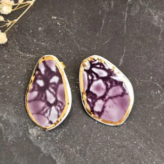 Purple fine ceramic porcelain hypoallergenic stud designer earrings for sensitive ears with 22k gold plating - embossed crocheted pattern