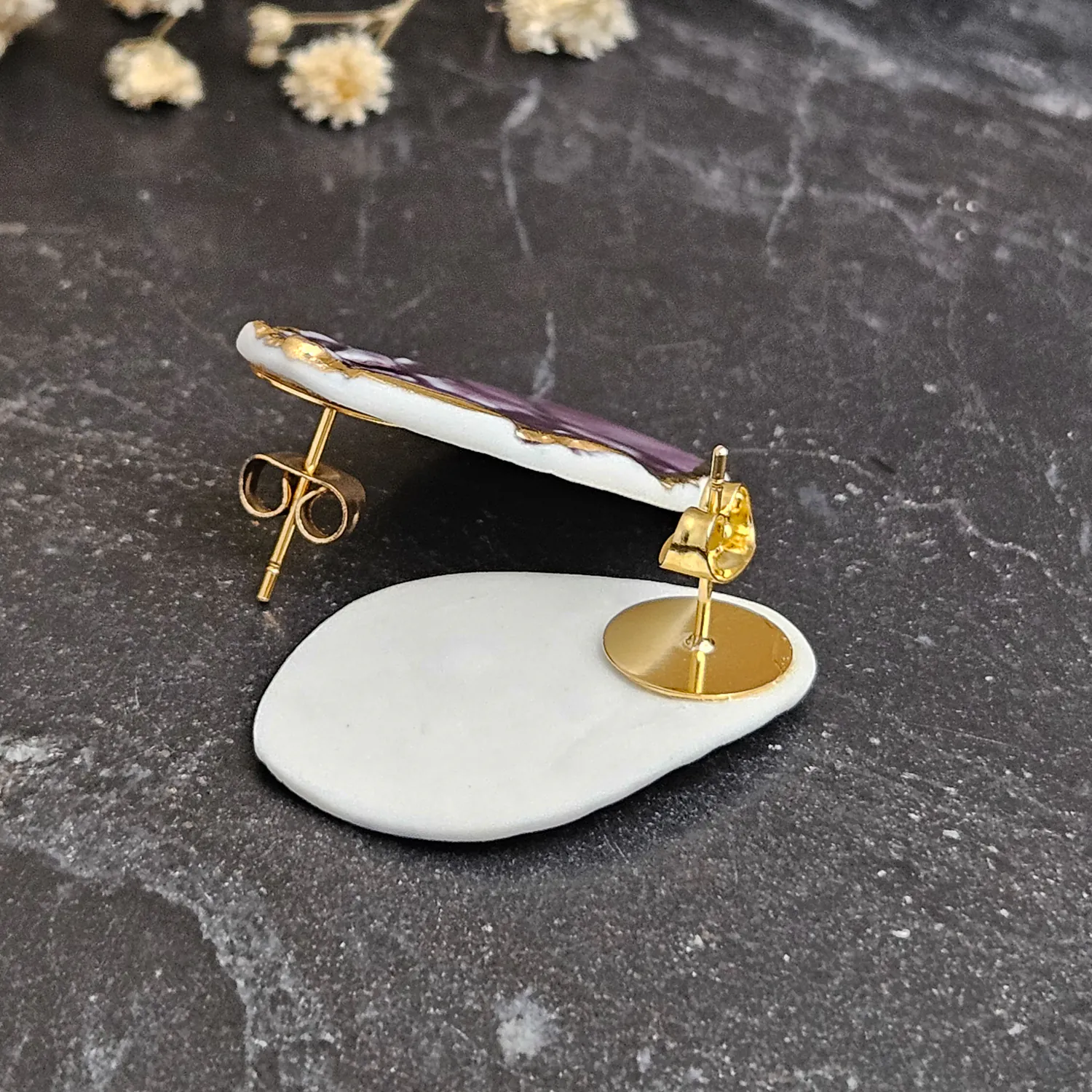 Purple fine ceramic porcelain hypoallergenic stud designer earrings for sensitive ears with 22k gold plating - embossed crocheted pattern - Image 3