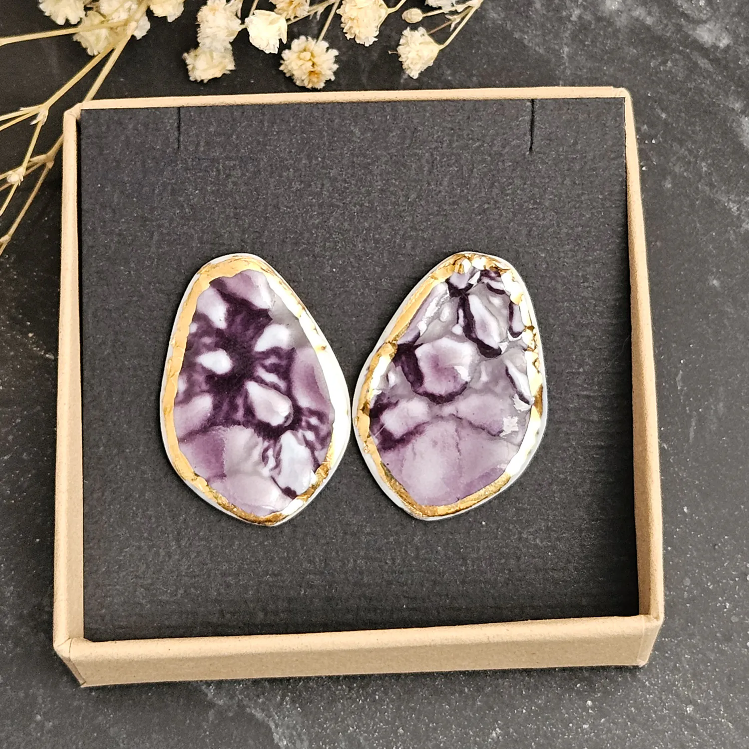 Purple fine ceramic porcelain hypoallergenic stud designer earrings for sensitive ears with 22k gold plating - embossed crocheted pattern - Image 4