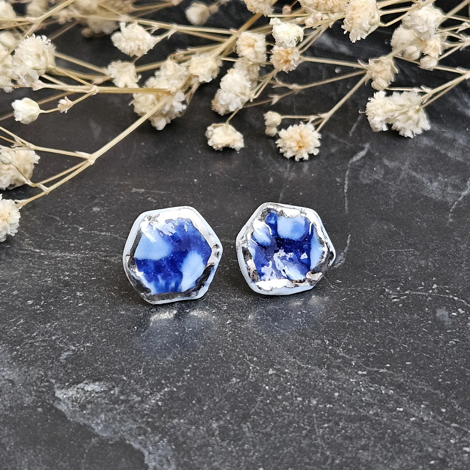Cobalt blue fine ceramic porcelain hypoallergenic stud designer earrings for sensitive ears with silver accents (white gold) - embossed crocheted pattern