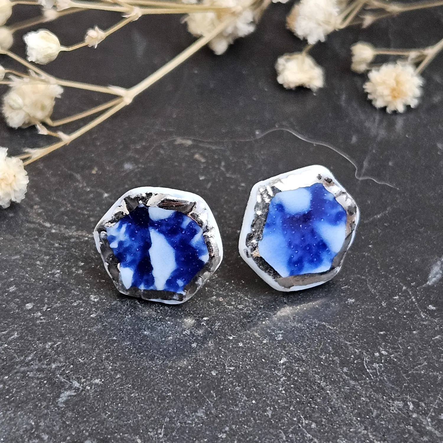 Cobalt blue fine ceramic porcelain hypoallergenic stud designer earrings for sensitive ears with silver accents (white gold) - embossed crocheted pattern