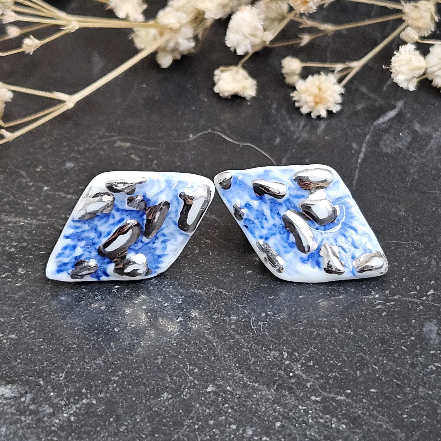 Cobalt blue fine ceramic porcelain hypoallergenic stud designer earrings for sensitive ears with silver accents (white gold) - embossed crocheted pattern