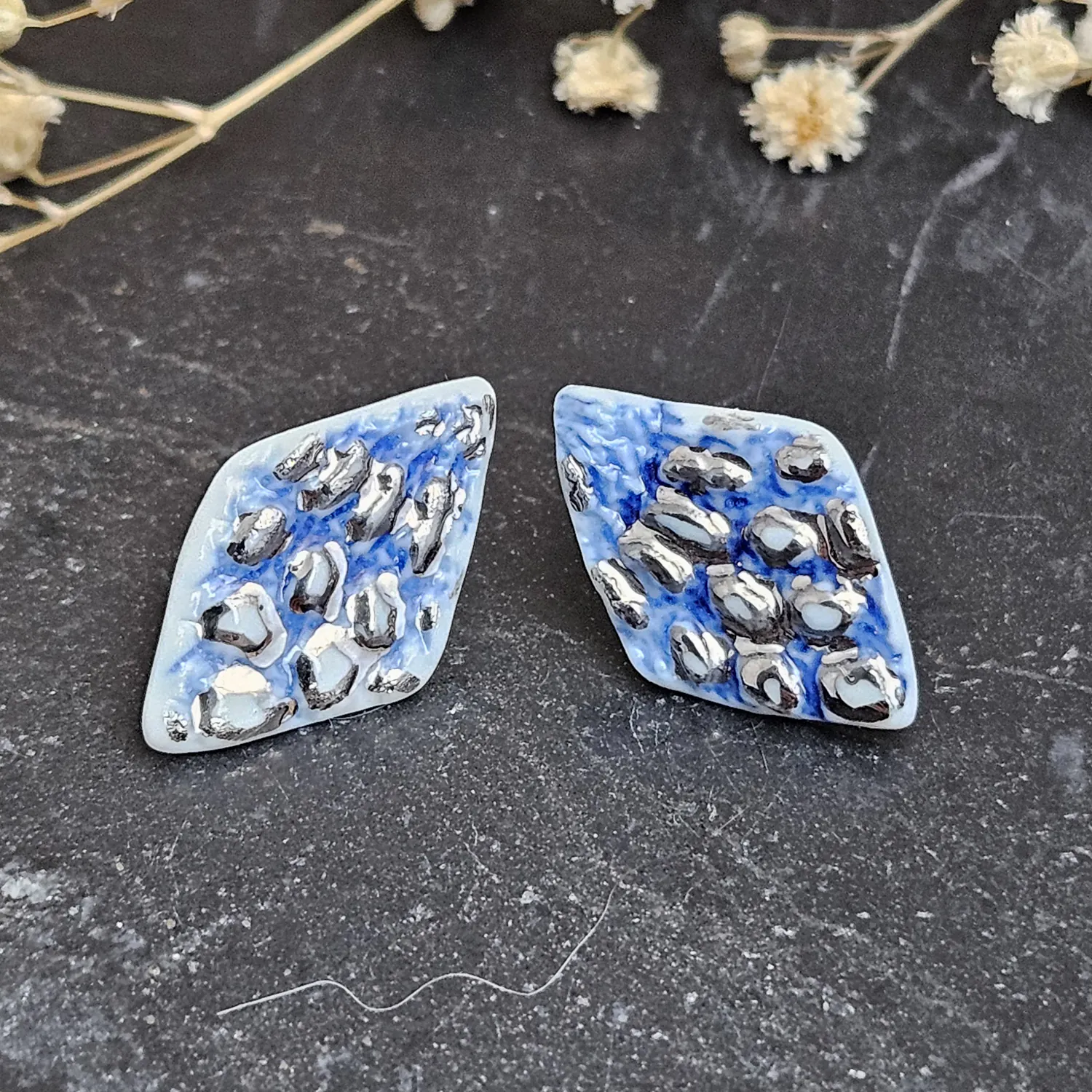 Cobalt blue fine ceramic porcelain hypoallergenic stud designer earrings for sensitive ears with silver accents (white gold) - embossed crocheted pattern