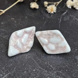 Rose pink fine ceramic porcelain hypoallergenic stud designer earrings for sensitive ears - embossed crocheted pattern
