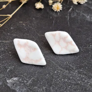 Rose pink fine ceramic porcelain hypoallergenic stud designer earrings for sensitive ears - embossed crocheted pattern