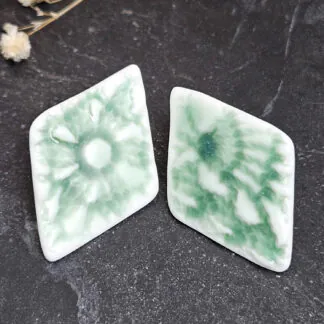 Emerald green fine ceramic porcelain hypoallergenic stud designer earrings for sensitive ears - embossed crocheted pattern