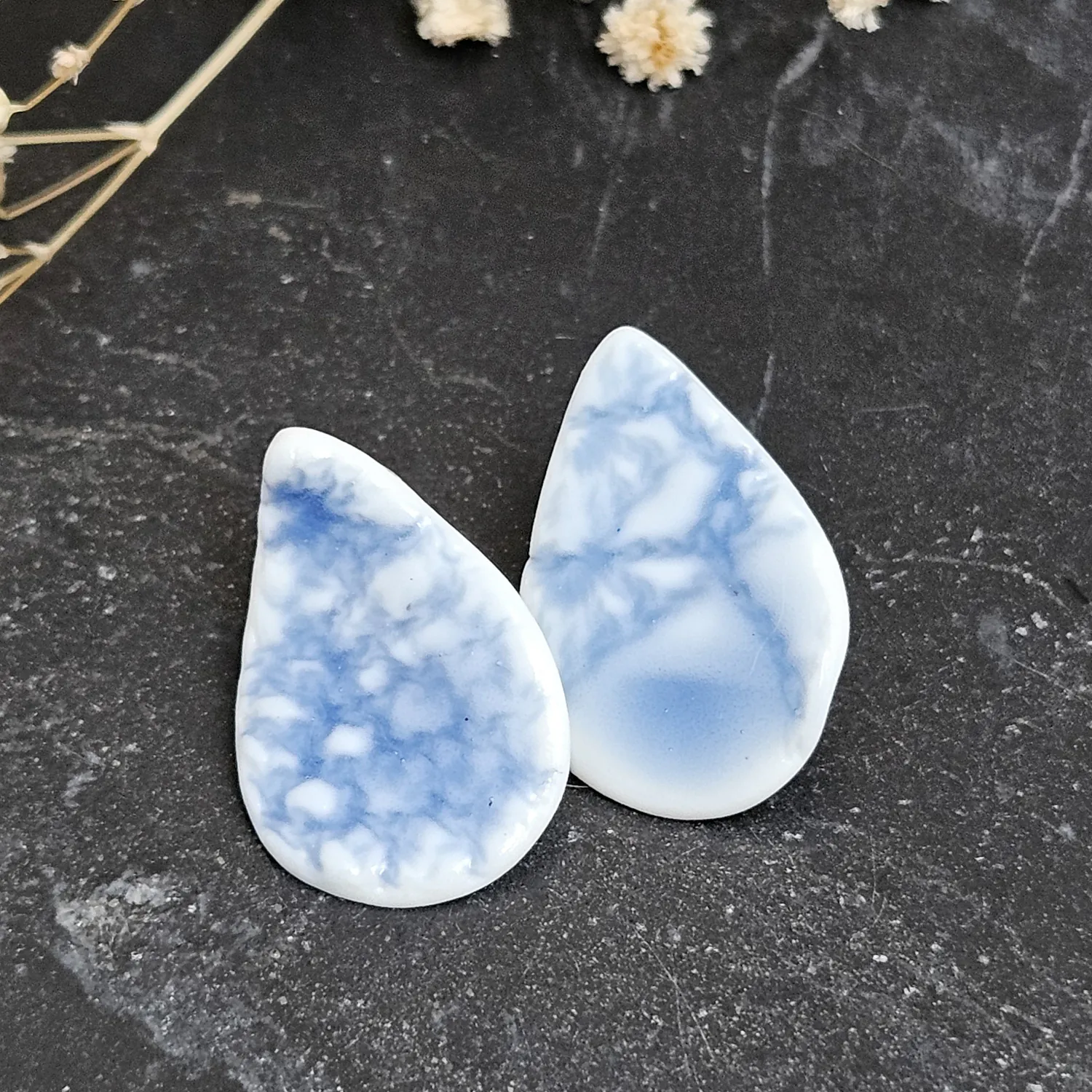 Cobalt blue fine ceramic porcelain hypoallergenic stud designer earrings for sensitive ears - embossed crocheted pattern