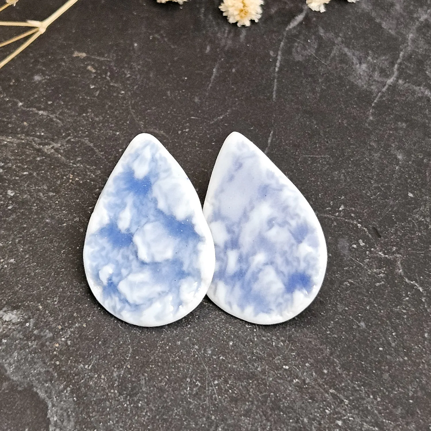 Cobalt blue fine ceramic porcelain hypoallergenic stud designer earrings for sensitive ears - embossed crocheted pattern
