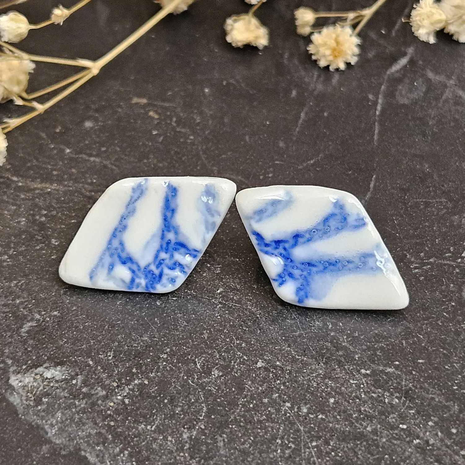 Cobalt blue fine ceramic porcelain hypoallergenic stud designer earrings for sensitive ears - embossed crocheted pattern