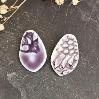 Purple fine ceramic porcelain hypoallergenic stud designer earrings for sensitive ears - embossed crocheted pattern