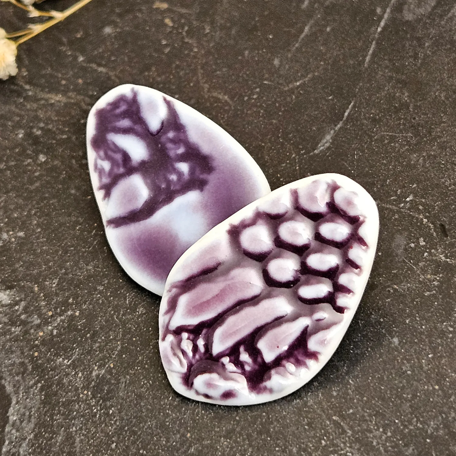 Purple fine ceramic porcelain hypoallergenic stud designer earrings for sensitive ears - embossed crocheted pattern - Image 2