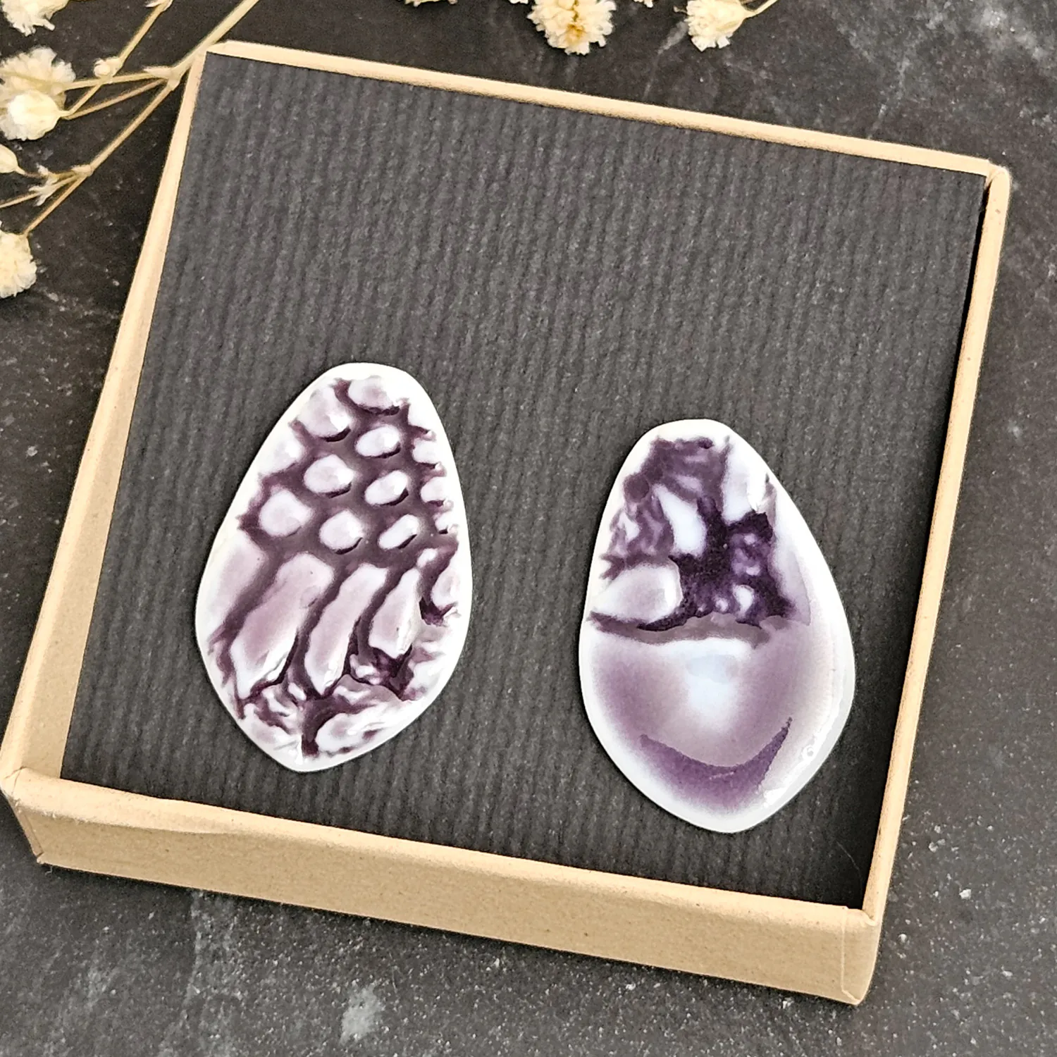 Purple fine ceramic porcelain hypoallergenic stud designer earrings for sensitive ears - embossed crocheted pattern - Image 8