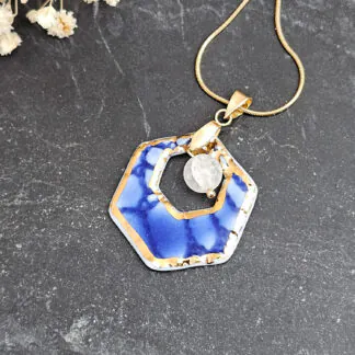 Cobalt blue fine ceramic porcelain designer necklace with 22k gold plating and ice crystal - embossed crocheted pattern