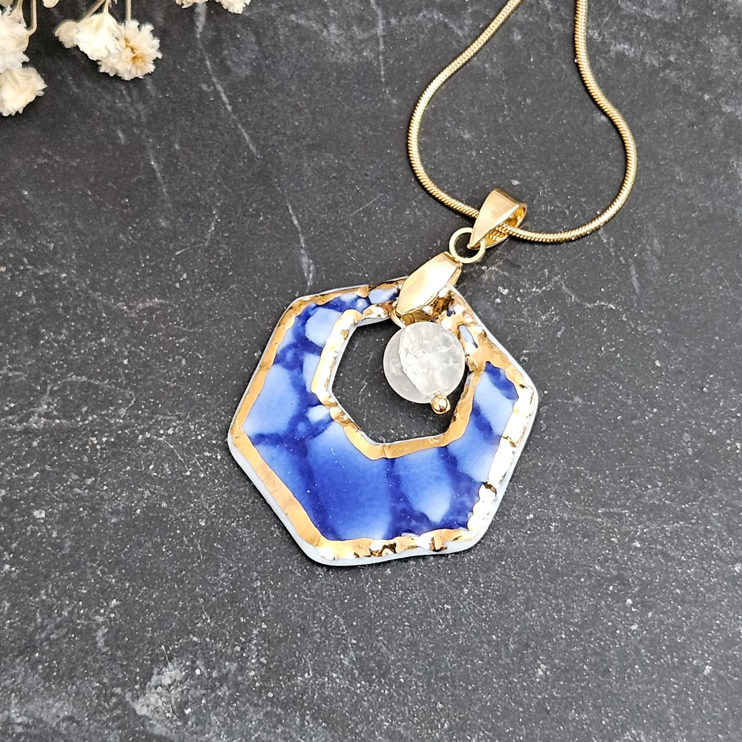 Cobalt blue fine ceramic porcelain designer necklace with 22k gold plating and ice crystal - embossed crocheted pattern