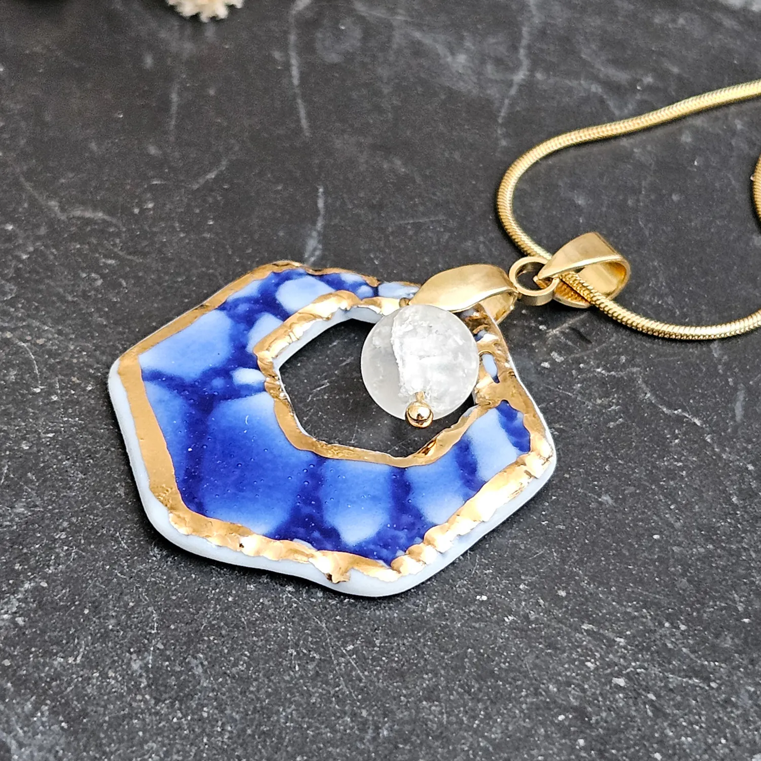 Cobalt blue fine ceramic porcelain designer necklace with 22k gold plating and ice crystal - embossed crocheted pattern - Image 2