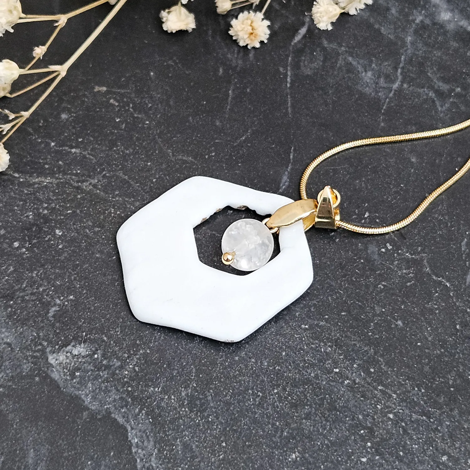 Cobalt blue fine ceramic porcelain designer necklace with 22k gold plating and ice crystal - embossed crocheted pattern - Image 3