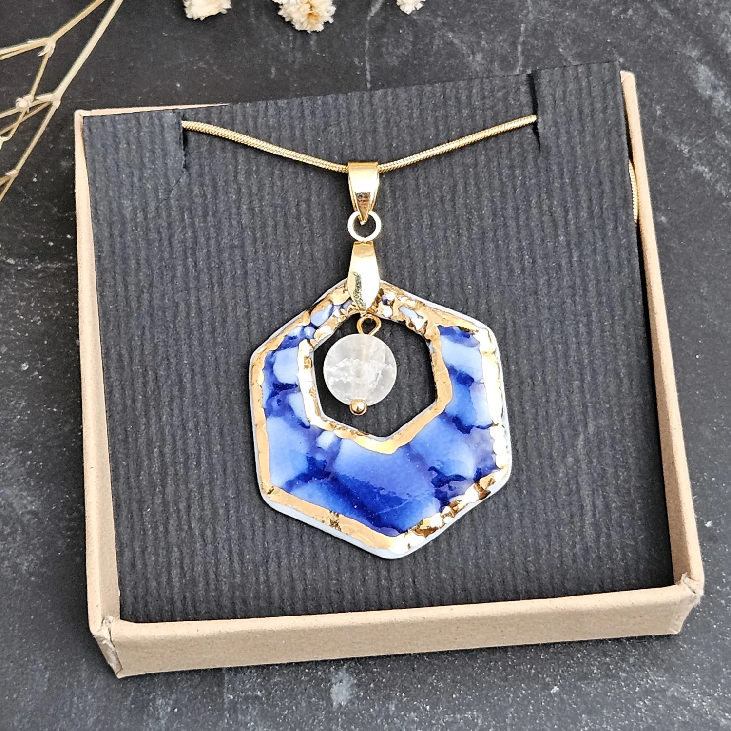 Cobalt blue fine ceramic porcelain designer necklace with 22k gold plating and ice crystal - embossed crocheted pattern - Image 4