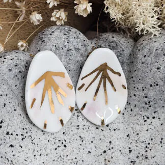 Rose pink fine ceramic porcelain hypoallergenic stud designer earrings for sensitive ears - hand-painted artisan geometric shell pattern with 22k gold plating