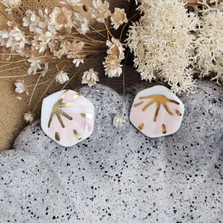 Rose pink fine ceramic porcelain hypoallergenic stud designer earrings for sensitive ears - hand-painted artisan geometric shell pattern with 22k gold plating
