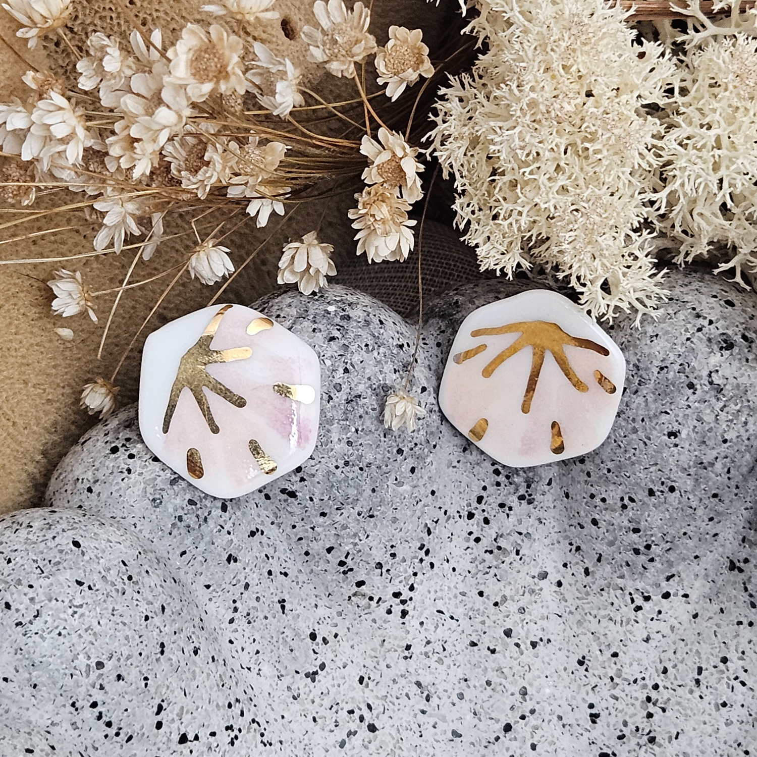 Rose pink fine ceramic porcelain hypoallergenic stud designer earrings for sensitive ears - hand-painted artisan geometric shell pattern with 22k gold plating