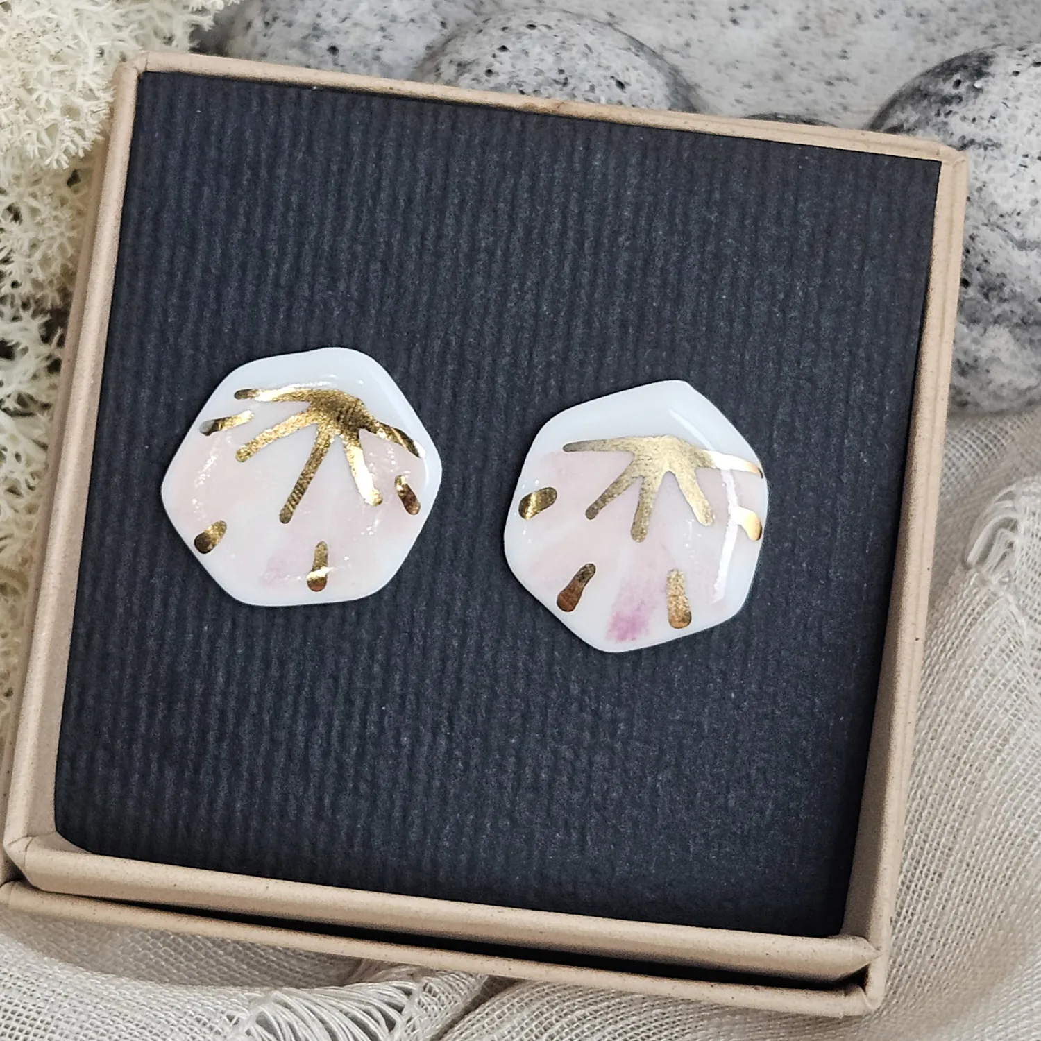 Rose pink fine ceramic porcelain hypoallergenic stud designer earrings for sensitive ears - hand-painted artisan geometric shell pattern with 22k gold plating - Image 4