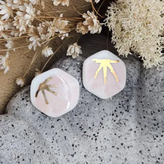 Rose pink fine ceramic porcelain hypoallergenic stud designer earrings for sensitive ears - hand-painted artisan geometric shell pattern with 22k gold plating