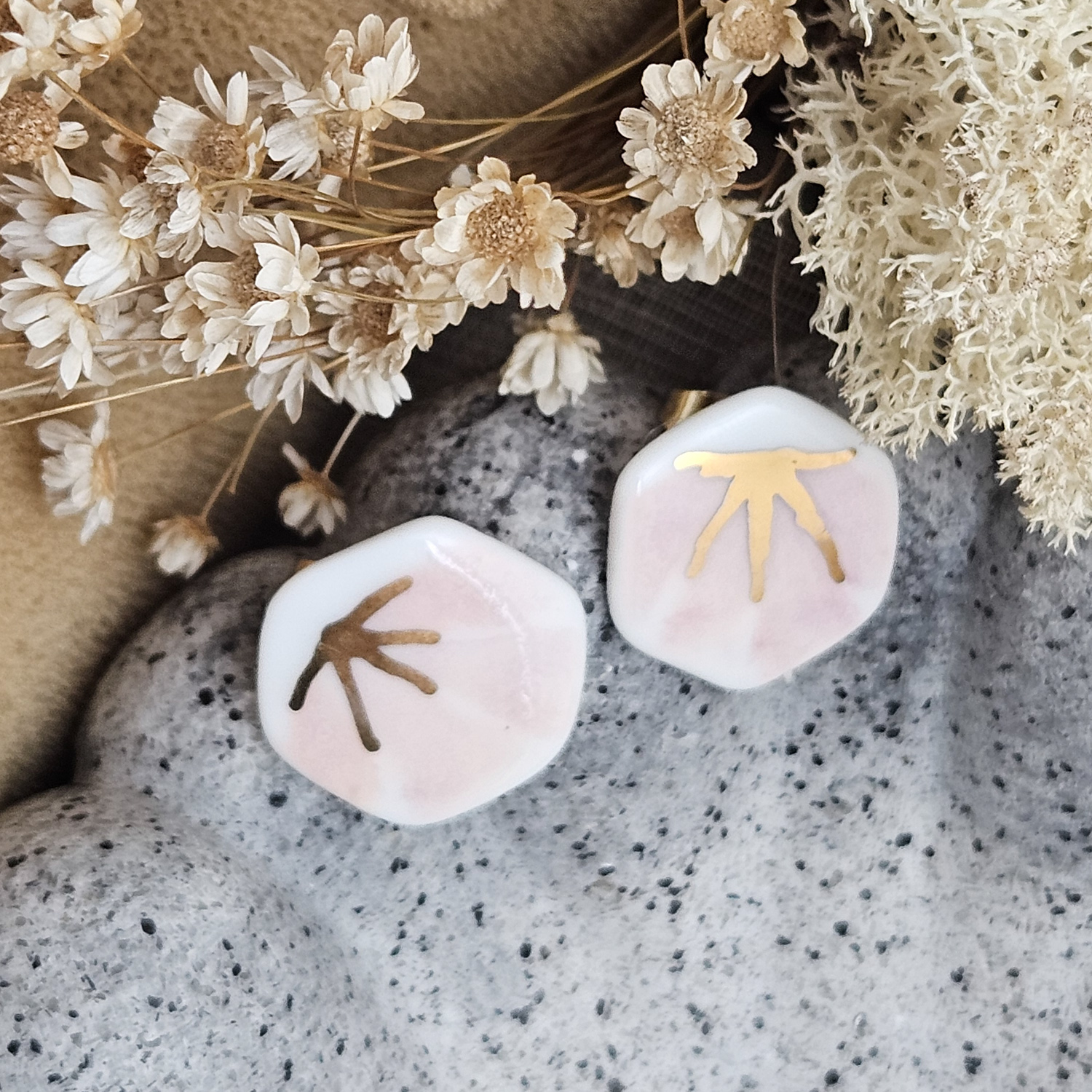 Rose pink fine ceramic porcelain hypoallergenic stud designer earrings for sensitive ears - hand-painted artisan geometric shell pattern with 22k gold plating - Image 2