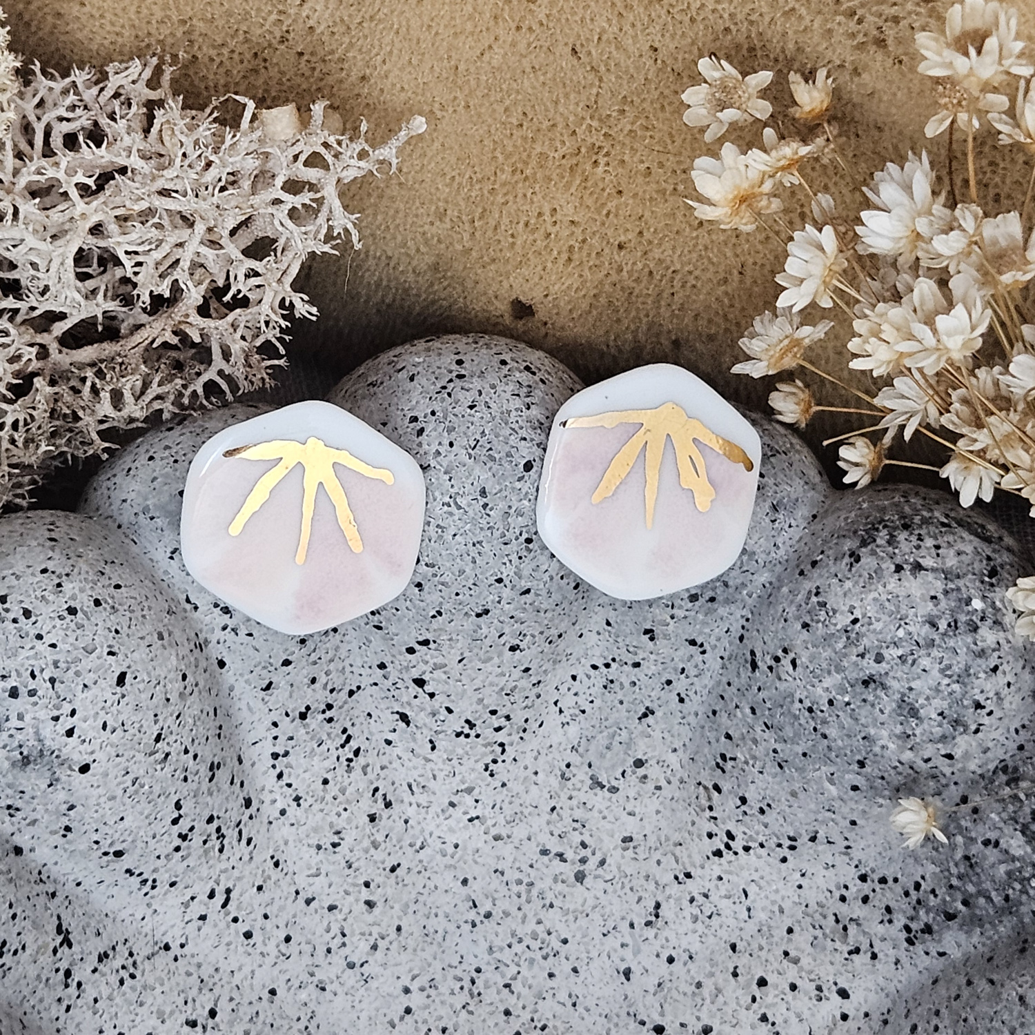 Rose pink fine ceramic porcelain hypoallergenic stud designer earrings for sensitive ears - hand-painted artisan geometric shell pattern with 22k gold plating