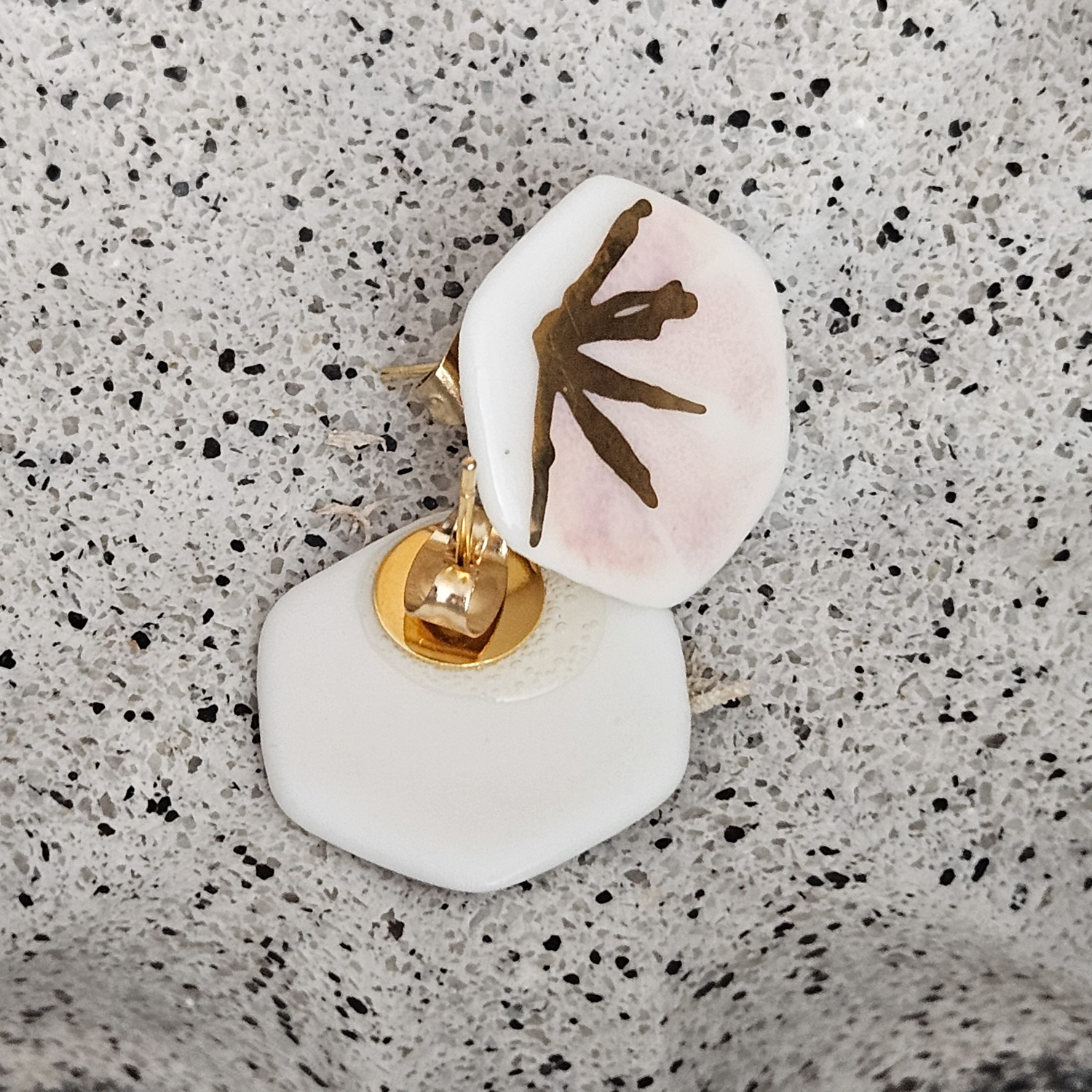 Rose pink fine ceramic porcelain hypoallergenic stud designer earrings for sensitive ears - hand-painted artisan geometric shell pattern with 22k gold plating - Image 2