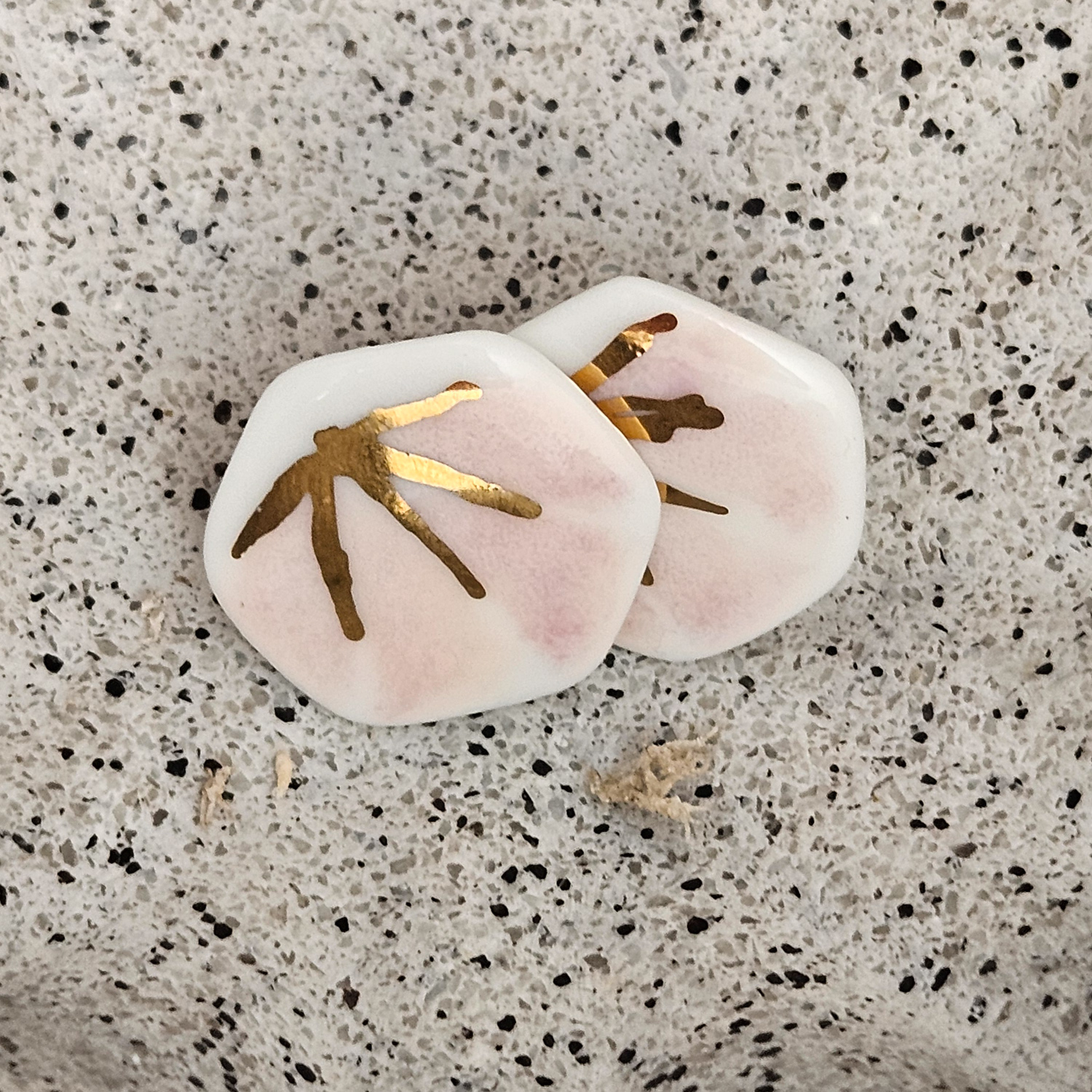 Rose pink fine ceramic porcelain hypoallergenic stud designer earrings for sensitive ears - hand-painted artisan geometric shell pattern with 22k gold plating - Image 4