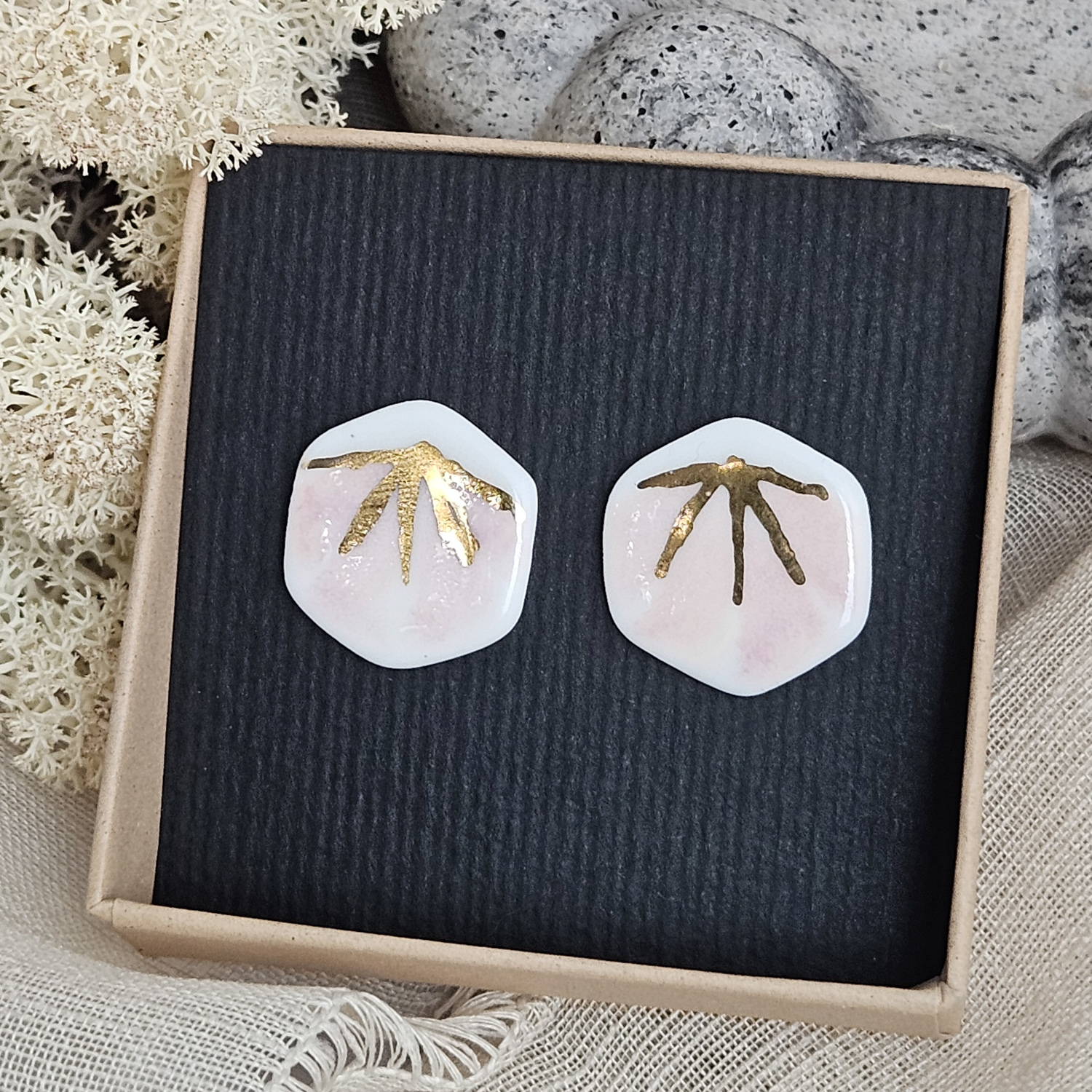 Rose pink fine ceramic porcelain hypoallergenic stud designer earrings for sensitive ears - hand-painted artisan geometric shell pattern with 22k gold plating - Image 5