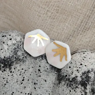 Rose pink fine ceramic porcelain hypoallergenic stud designer earrings for sensitive ears - hand-painted artisan geometric shell pattern with 22k gold plating