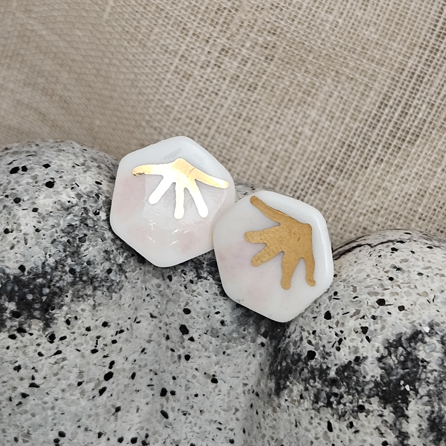 Rose pink fine ceramic porcelain hypoallergenic stud designer earrings for sensitive ears - hand-painted artisan geometric shell pattern with 22k gold plating
