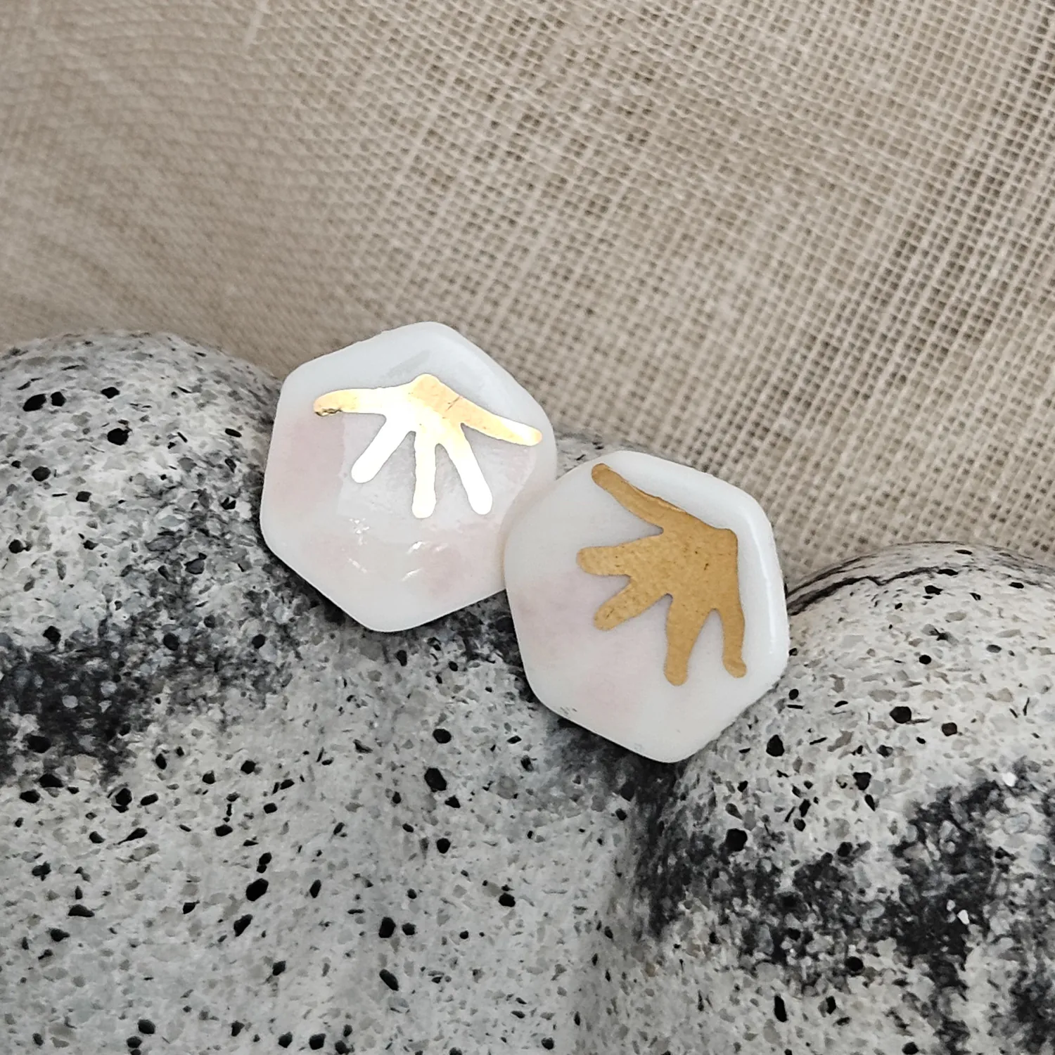 Rose pink fine ceramic porcelain hypoallergenic stud designer earrings for sensitive ears - hand-painted artisan geometric shell pattern with 22k gold plating