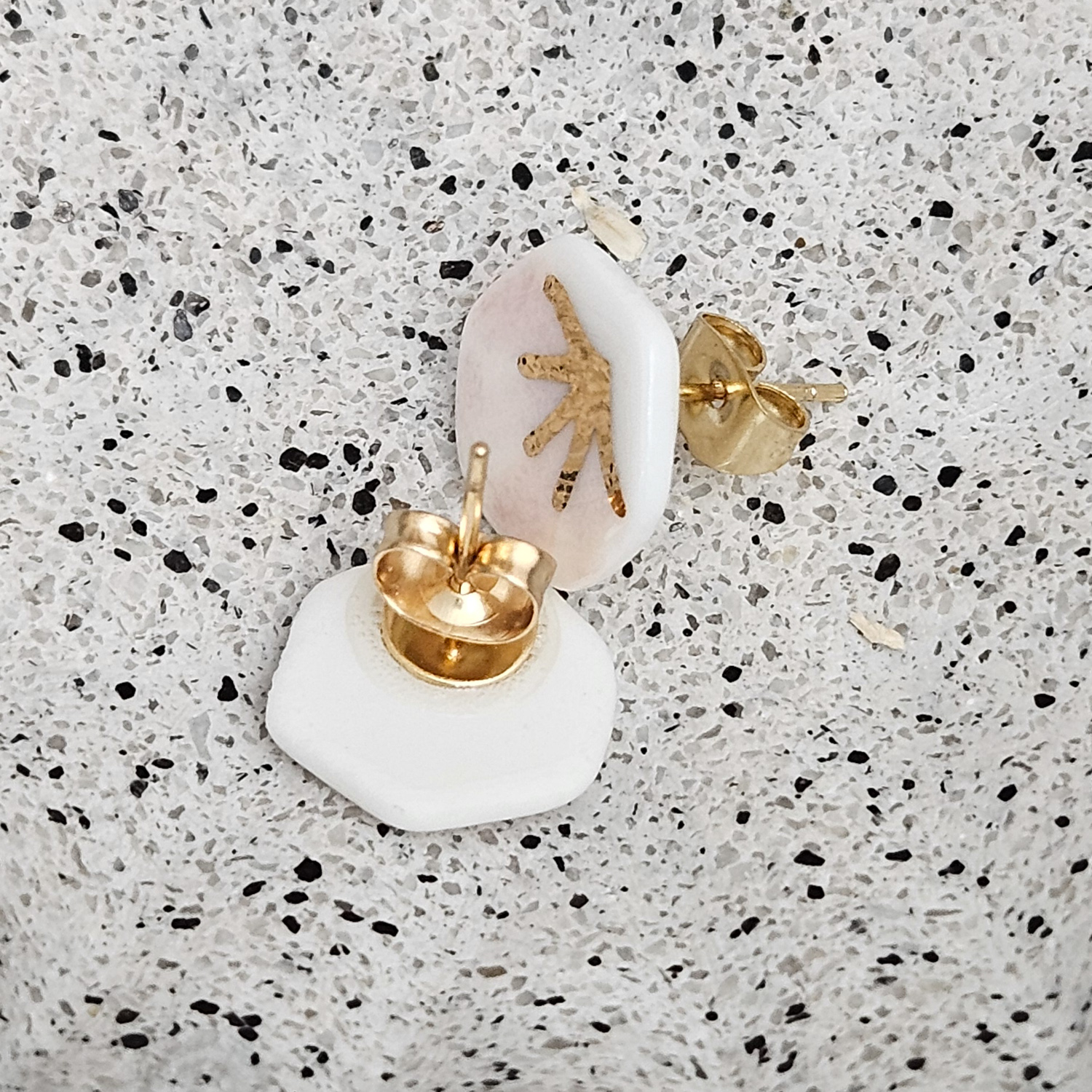 Rose pink fine ceramic porcelain hypoallergenic stud designer earrings for sensitive ears - hand-painted artisan geometric shell pattern with 22k gold plating - Image 2