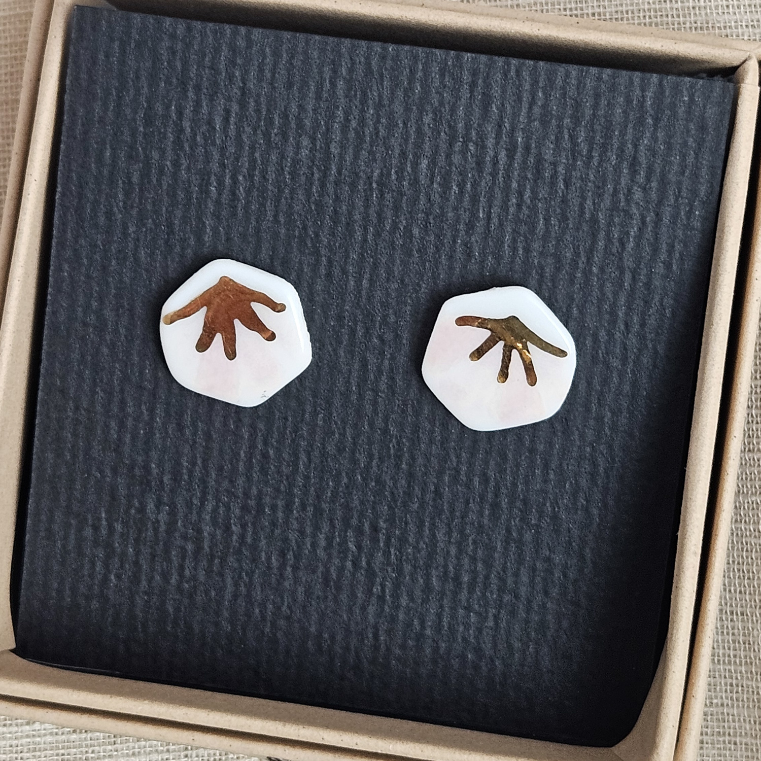 Rose pink fine ceramic porcelain hypoallergenic stud designer earrings for sensitive ears - hand-painted artisan geometric shell pattern with 22k gold plating - Image 4