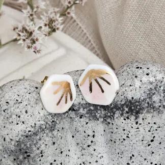 Rose pink fine ceramic porcelain hypoallergenic stud designer earrings for sensitive ears - hand-painted artisan geometric shell pattern with 22k gold plating