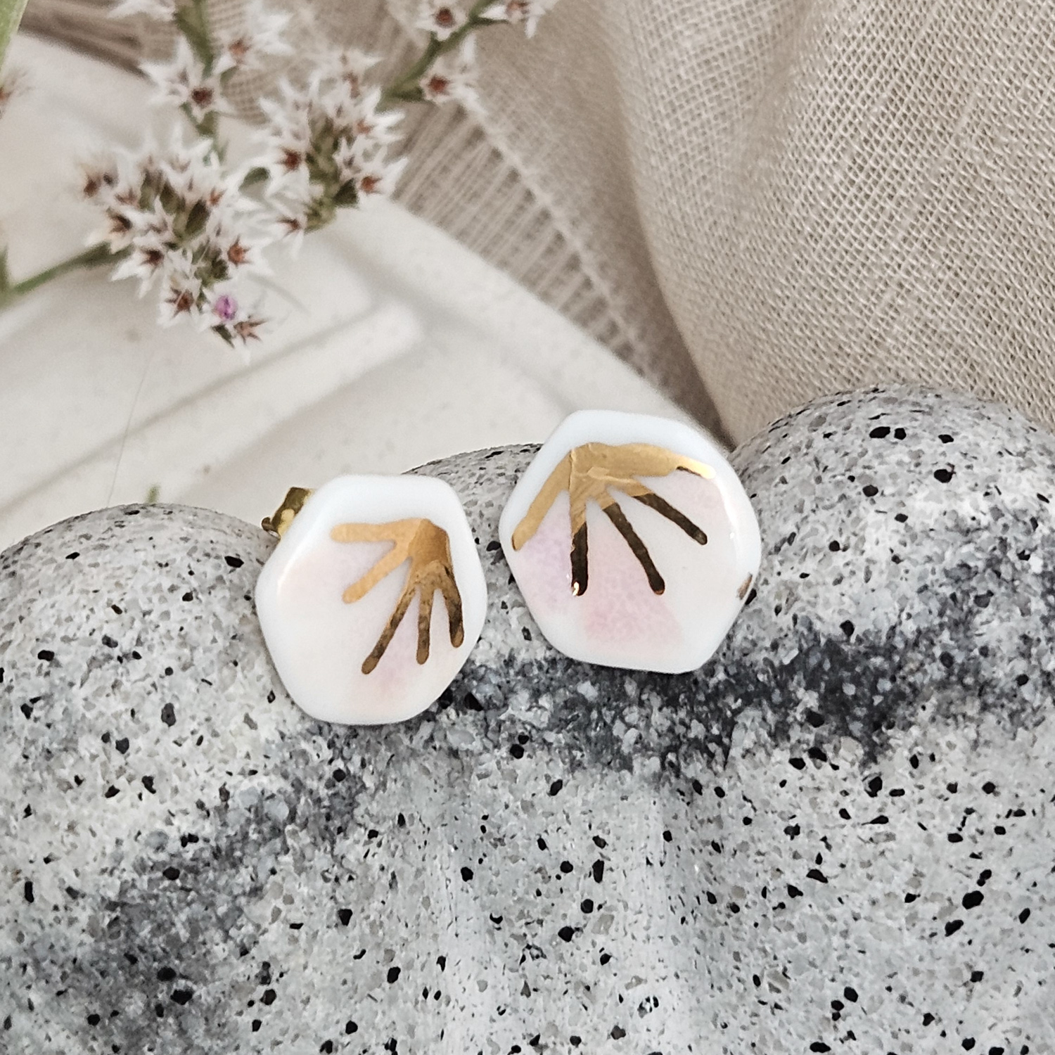 Rose pink fine ceramic porcelain hypoallergenic stud designer earrings for sensitive ears - hand-painted artisan geometric shell pattern with 22k gold plating