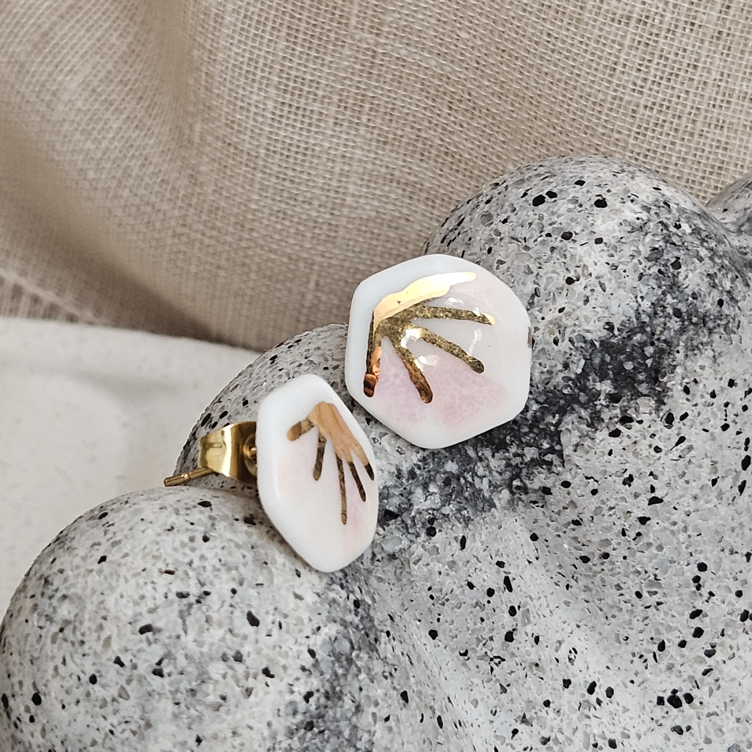 Rose pink fine ceramic porcelain hypoallergenic stud designer earrings for sensitive ears - hand-painted artisan geometric shell pattern with 22k gold plating - Image 2