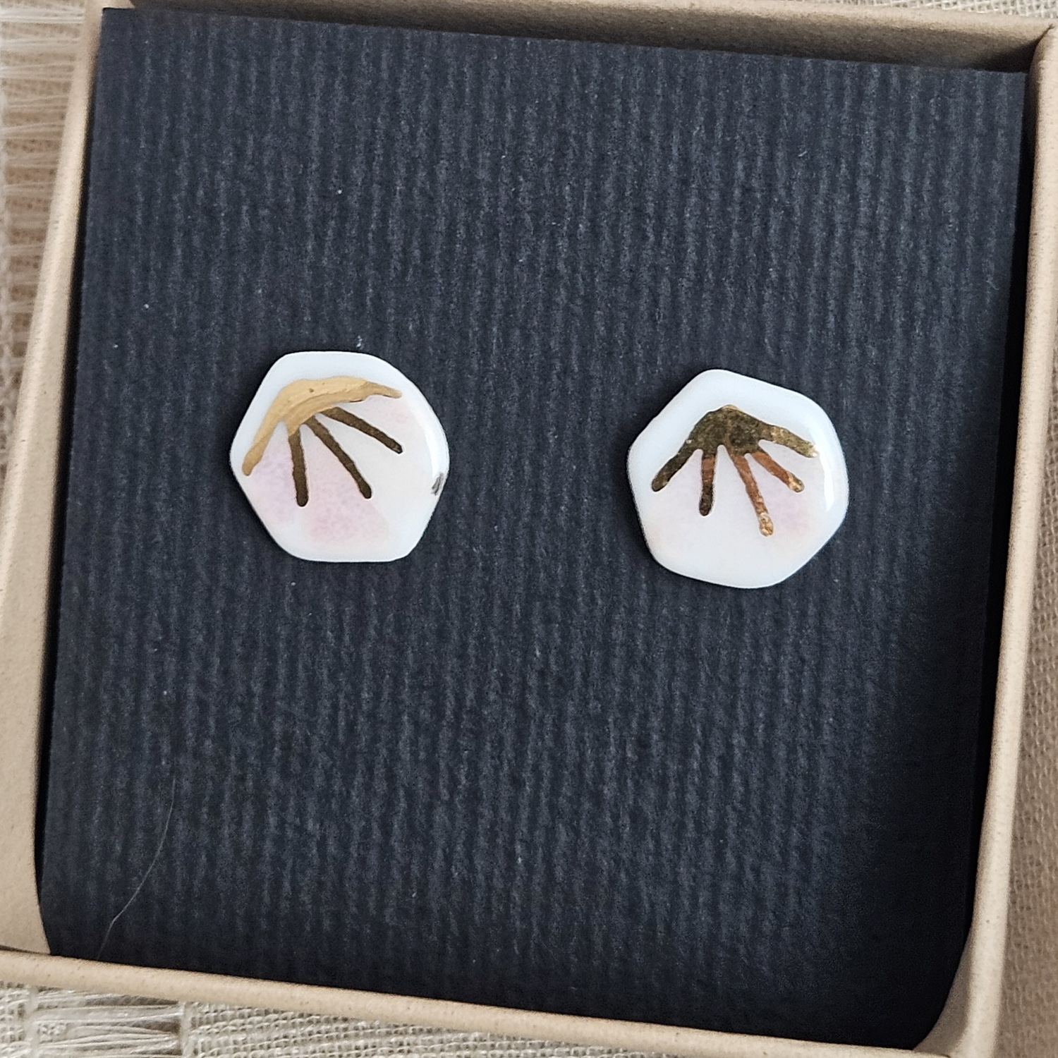 Rose pink fine ceramic porcelain hypoallergenic stud designer earrings for sensitive ears - hand-painted artisan geometric shell pattern with 22k gold plating - Image 4