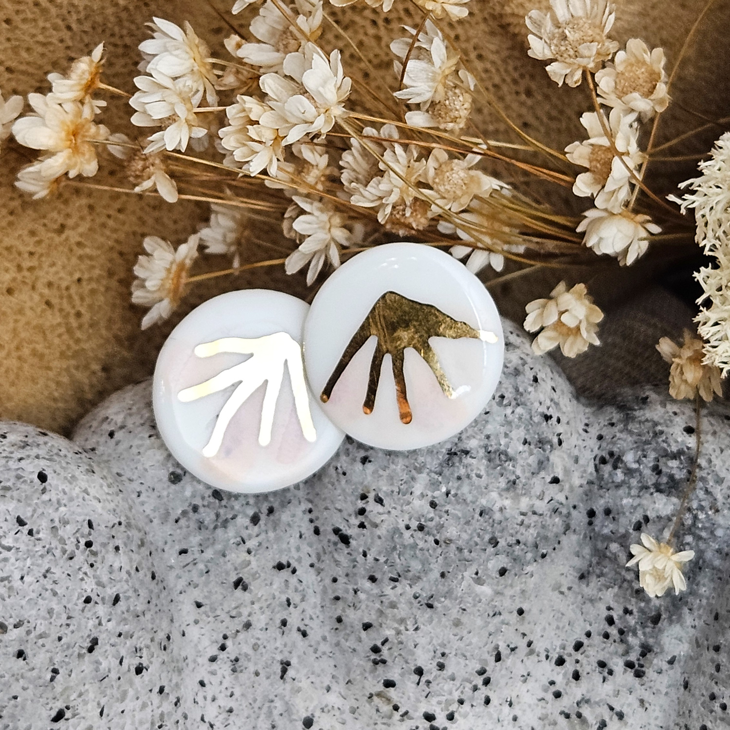 Rose pink fine ceramic porcelain hypoallergenic stud designer earrings for sensitive ears - hand-painted artisan geometric shell pattern with 22k gold plating