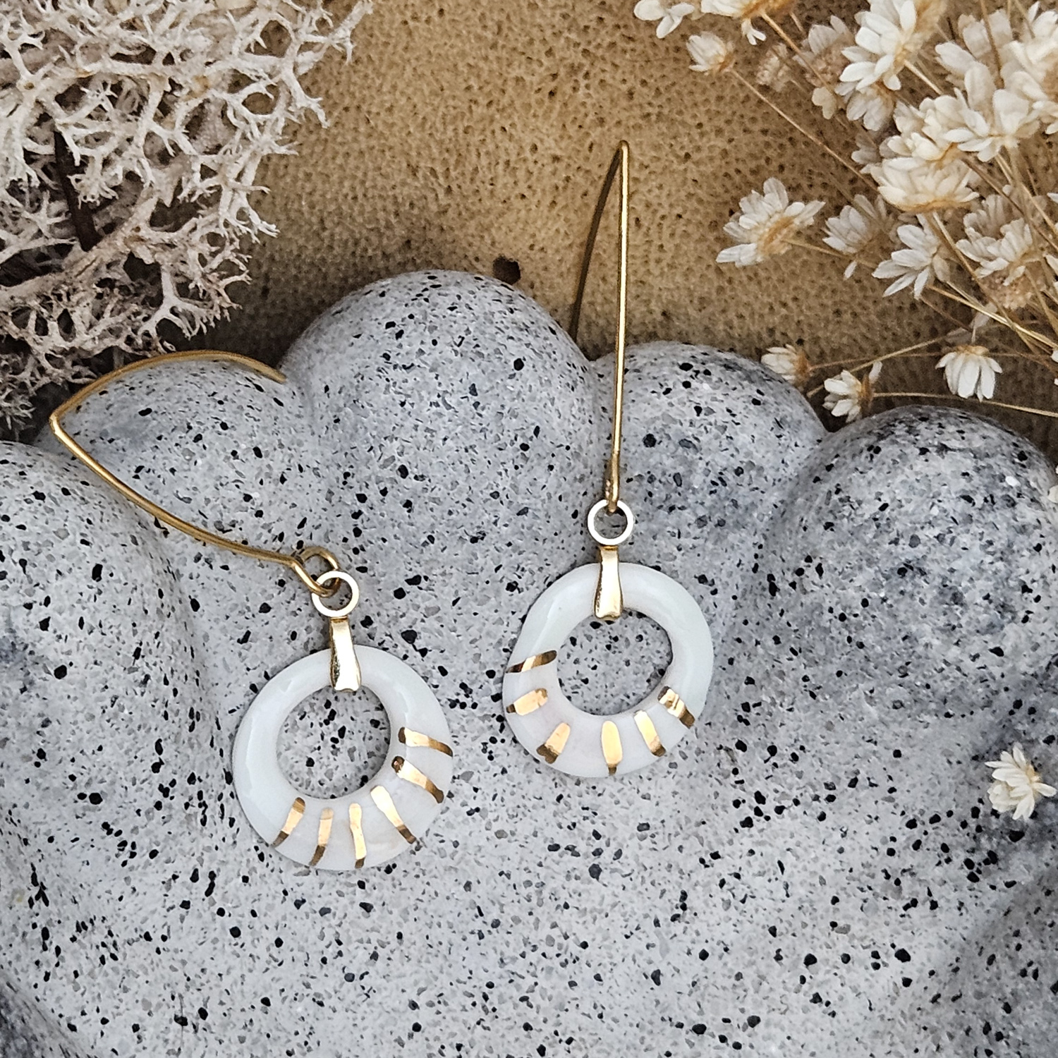 Rose pink fine ceramic porcelain dangle designer earrings - hand-painted artisan geometric shell pattern with 22k gold plating