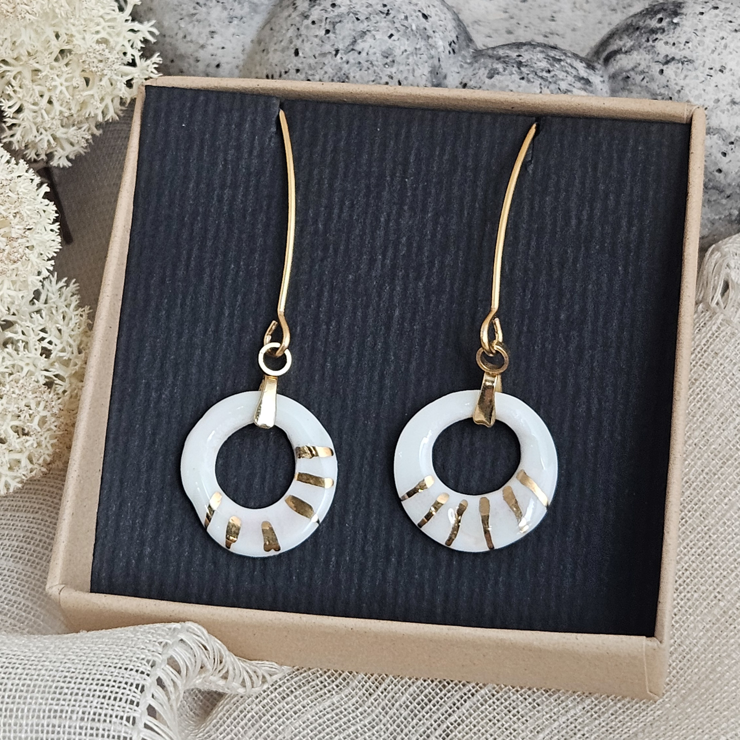 Rose pink fine ceramic porcelain dangle designer earrings - hand-painted artisan geometric shell pattern with 22k gold plating - Image 5