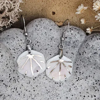 Rose pink fine ceramic porcelain dangle designer earrings - hand-painted artisan geometric shell pattern with silver accents (white gold)